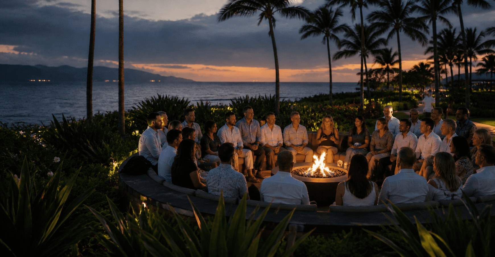 Clinicians gathered around a firepit at sunset during a MedBridge Global retreat
